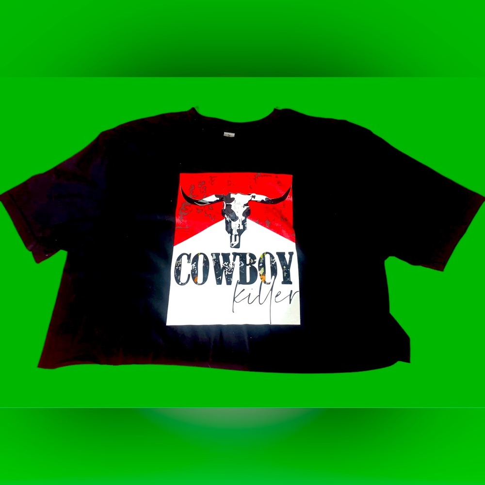 Woman’s Crop Top Anti Smoking Cowboy Killer TShirt Black & Red Large